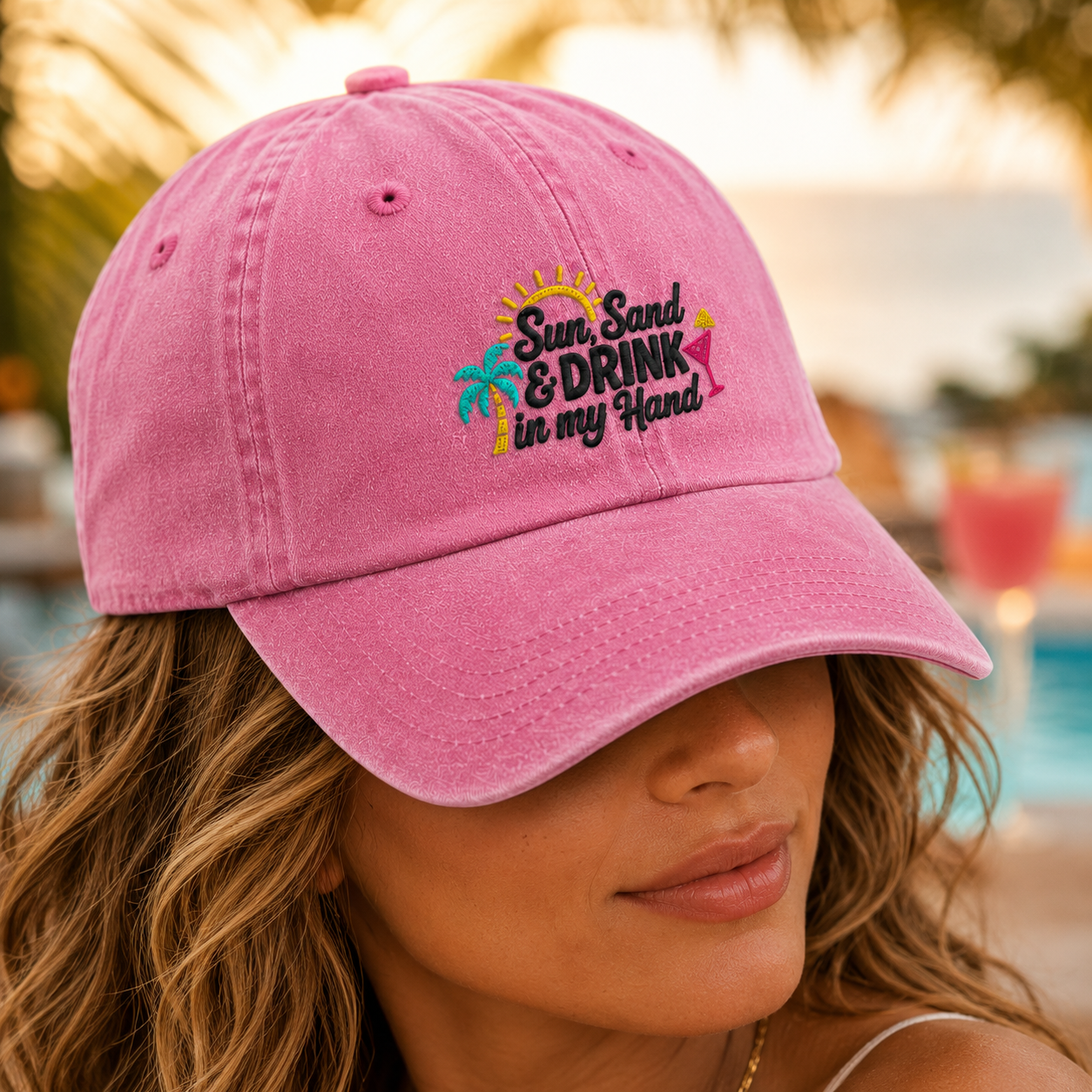 Sun Sand & Drink in my Hand Washed Cap, Beach Vacation Cocktail Hat - Washed Cap - lifestyle view 4