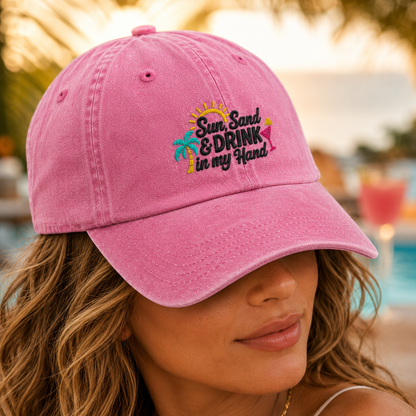 Sun Sand & Drink in my Hand Washed Cap, Beach Vacation Cocktail Hat - Washed Cap - lifestyle view 4