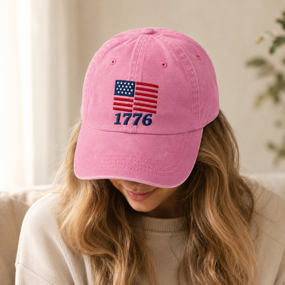 American Flag 1776 Washed Cap, Patriotic Embroidered Dad Hat - washed cap - lifestyle view 9