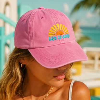 Life Is Easy Retro Sunrise Washed Cap, Beach Vacation Hat - Washed Cap - lifestyle view 4