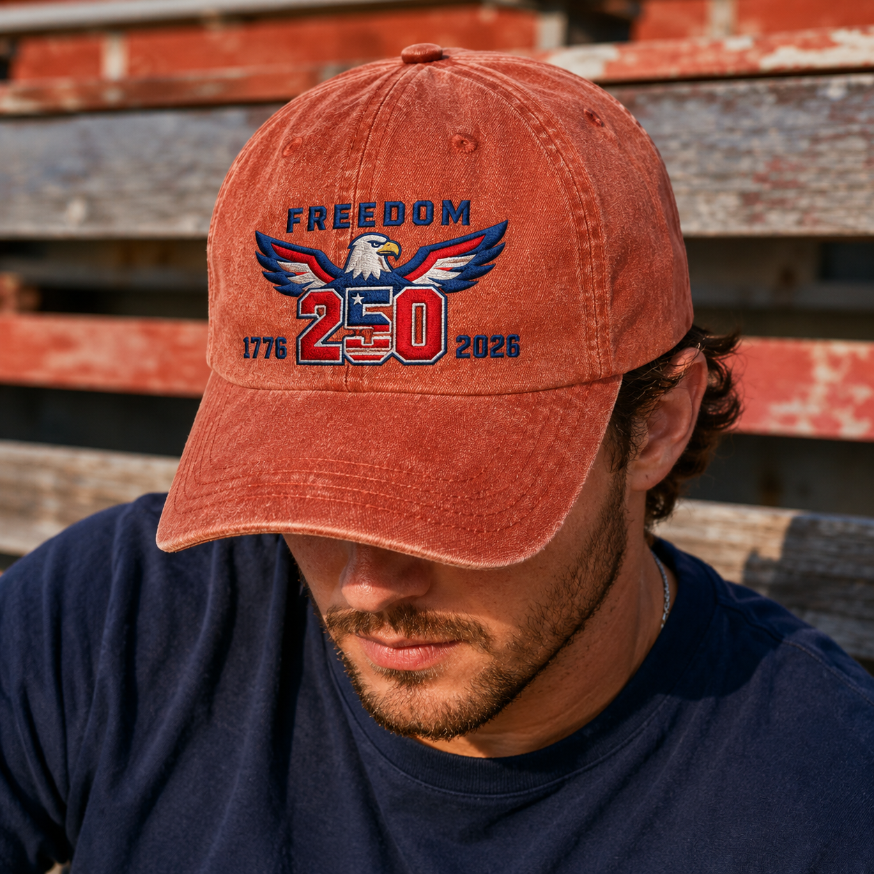 Freedom 250 Washed Cap, Patriotic Eagle 1776 2026 America Hat - washed cap - detail view