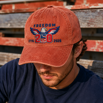 Freedom 250 Washed Cap, Patriotic Eagle 1776 2026 America Hat - washed cap - detail view