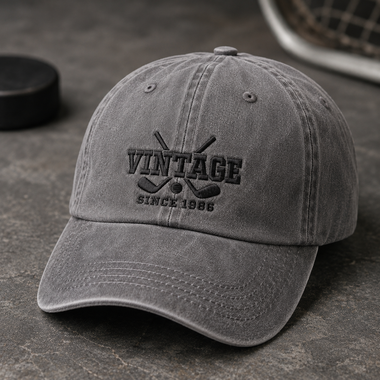 Vintage Since 1986 Hockey Washed Cap, Embroidered Dad Hat for Players and Fans - Washed Cap - detail view