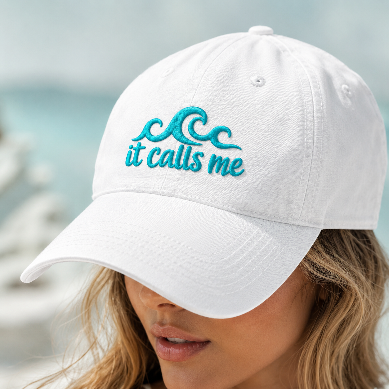 it calls me Wave Washed Cap, Coastal Vacation Embroidered Hat - Washed Cap - lifestyle view 4
