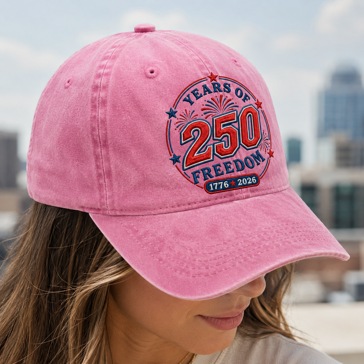 Years of 250 Freedom Washed Cap, Patriotic 1776 2026 America Birthday Hat - washed cap - detail view