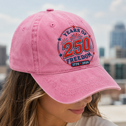 Years of 250 Freedom Washed Cap, Patriotic 1776 2026 America Birthday Hat - washed cap - detail view