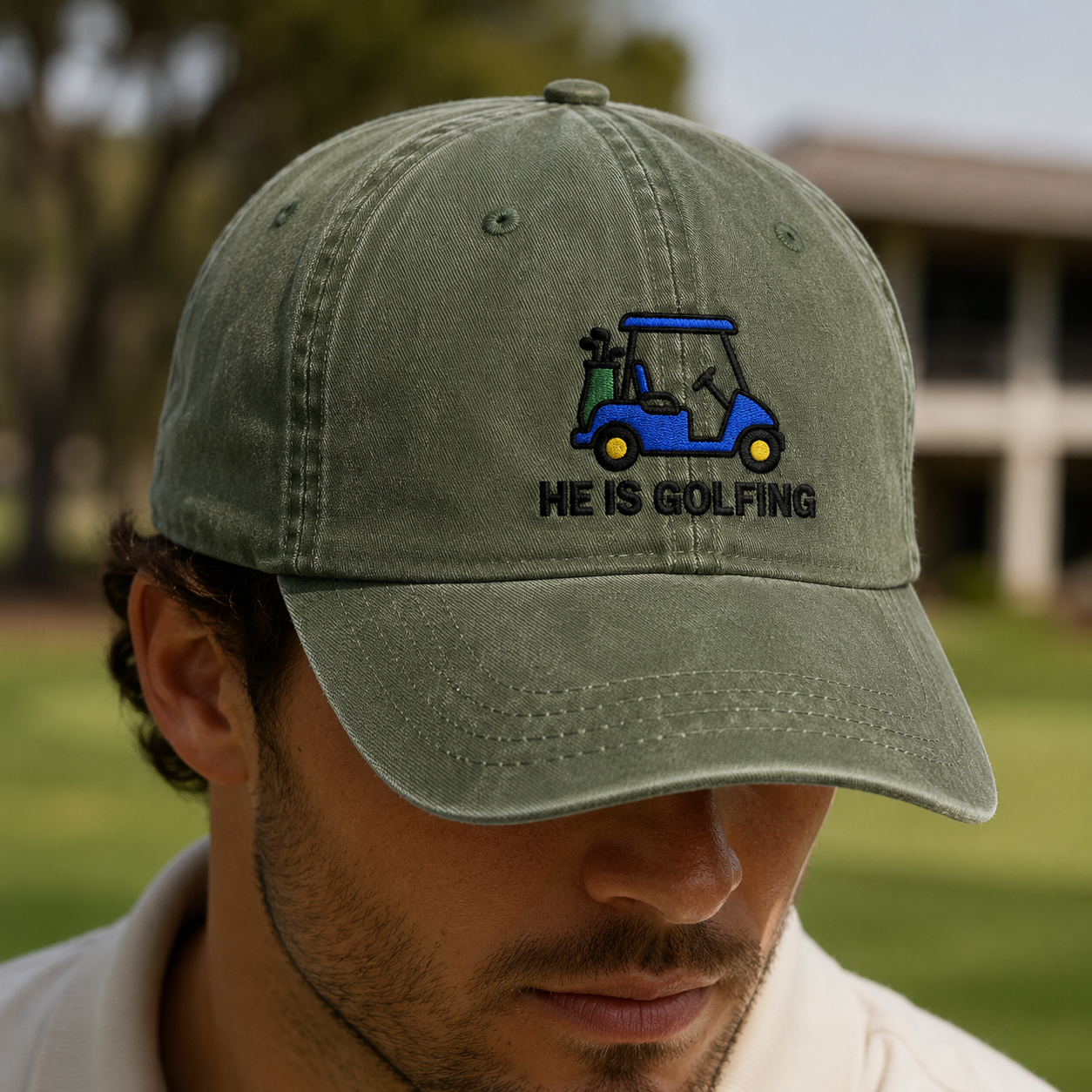 He Is Golfing Washed Cap, Embroidered Blue Cart Hat for Dad - Washed Cap - lifestyle view 4