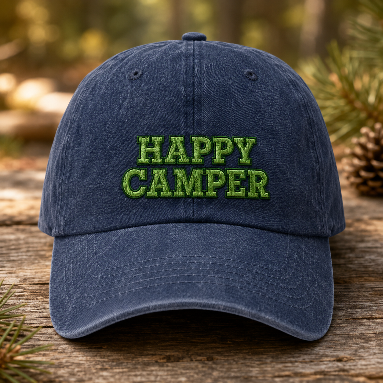 Happy Camper Washed Cap, Green Embroidered Camping Hat for Outdoor Lovers - Washed Cap - front view