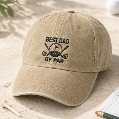 Best Dad By Par Washed Cap, Embroidered Golf Hat for Father's Day - Washed Cap - detail view