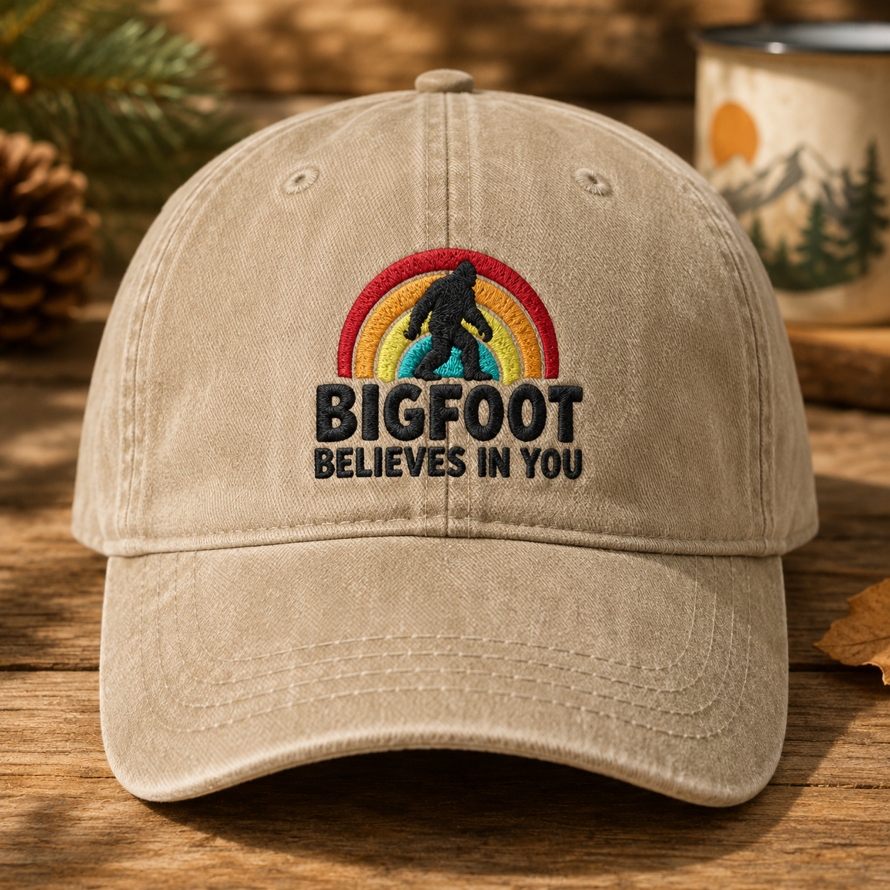 Bigfoot Believes in You Washed Cap, Rainbow Sasquatch Embroidered Dad Hat - Washed Cap - front view