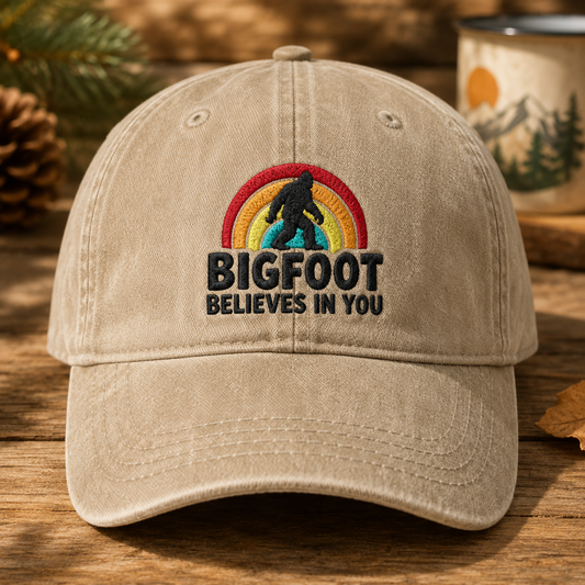 Bigfoot Believes in You Washed Cap, Rainbow Sasquatch Embroidered Dad Hat - Washed Cap - front view