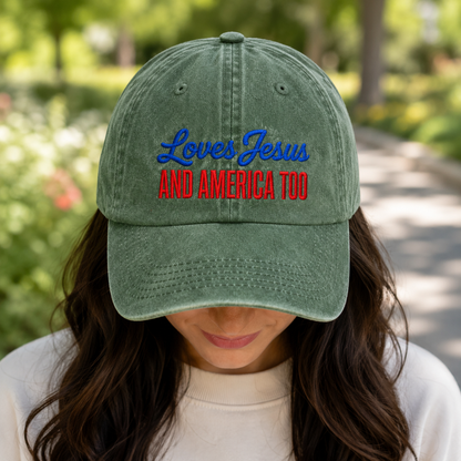 Loves Jesus And America Too Washed Cap, Patriotic Christian Hat Gift - washed cap - lifestyle view 8