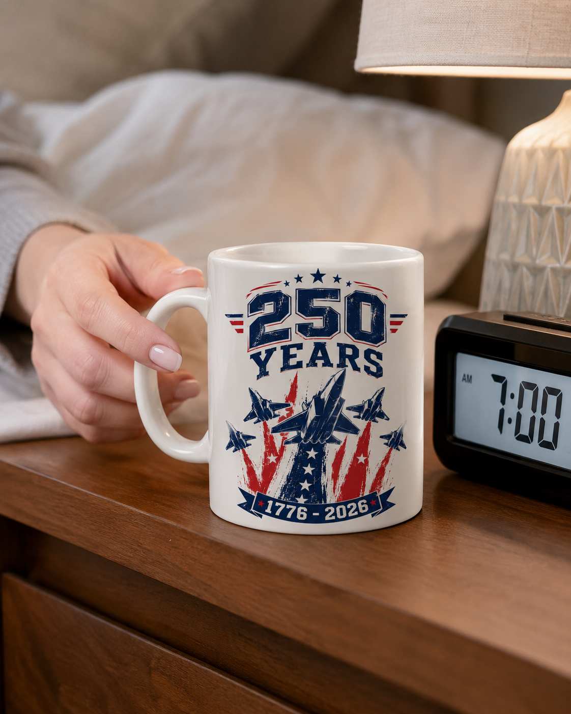 250 Years Coffee Mug, 1776-2026 Patriotic Fighter Jet Ceramic Cup - Mug - lifestyle view 7