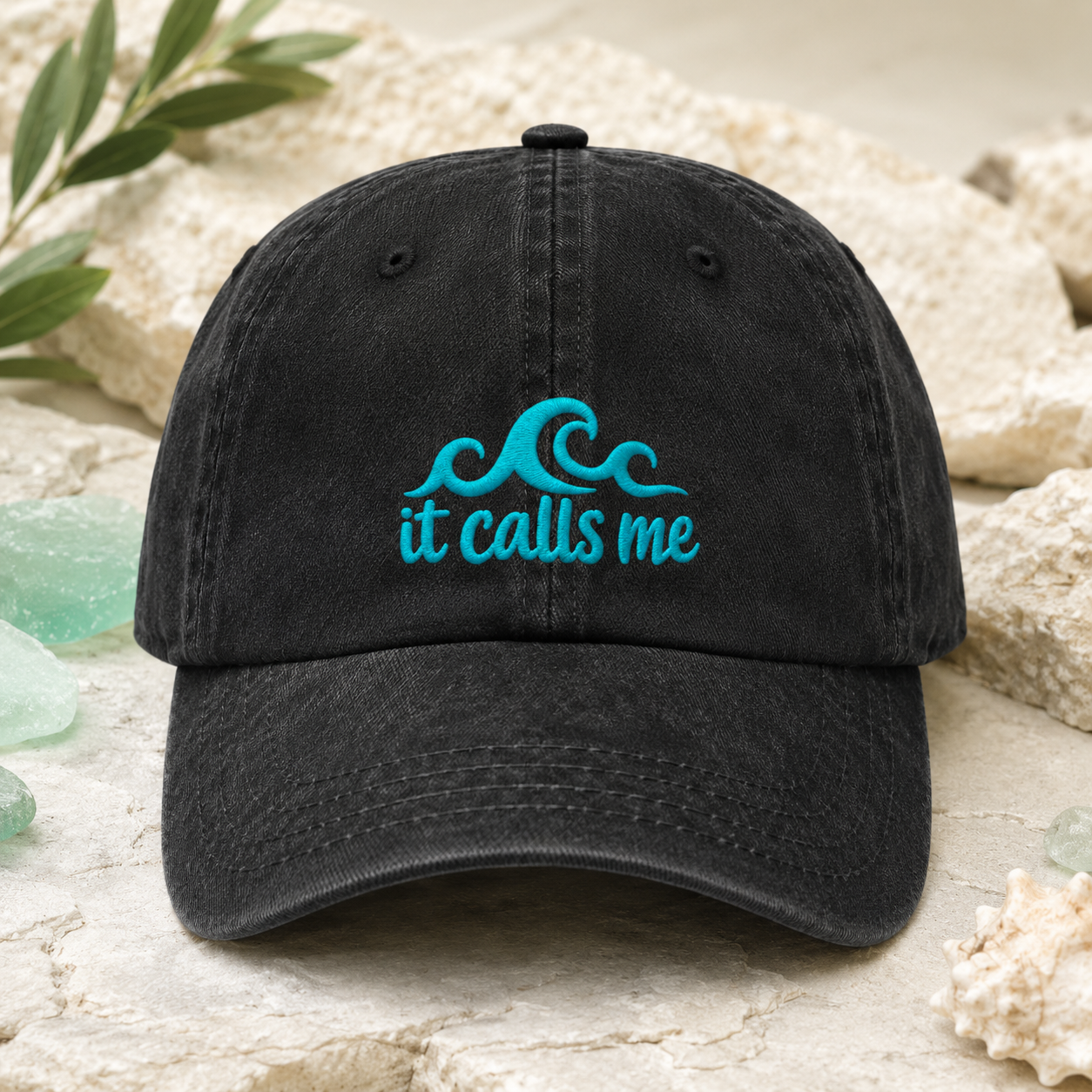 it calls me Wave Washed Cap, Coastal Vacation Embroidered Hat - Washed Cap - front view