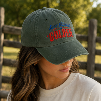 Stars, Stripes & Golden Washed Cap, Patriotic Baseball Hat - washed cap - lifestyle view 7