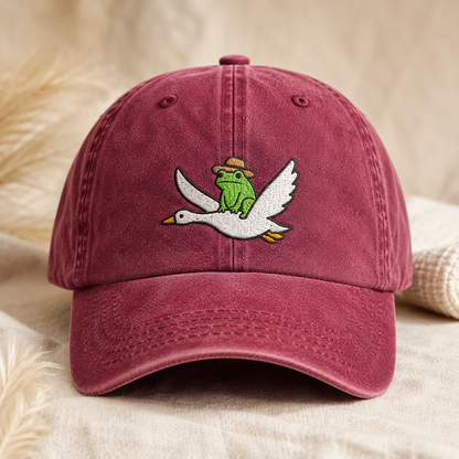 Frog Riding Goose Washed Cap, Embroidered Dad Hat for Bird and Toad Fans - Washed Cap - lifestyle view 2