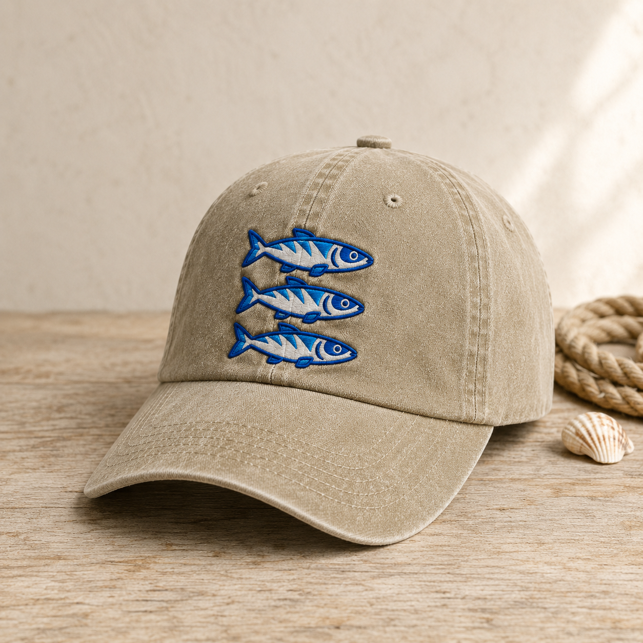 Three Blue Sardines Washed Cap, Embroidered Fish Hat for Seafood Lovers - Washed Cap - lifestyle view 2