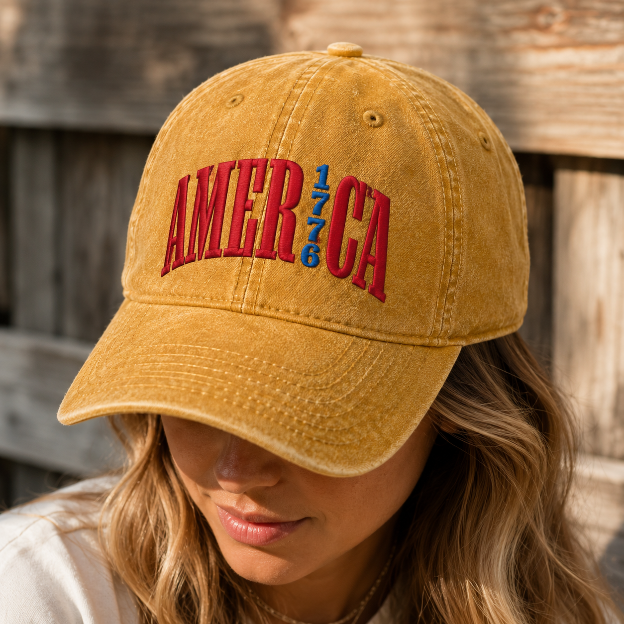 America 1776 Washed Cap, Patriotic Embroidered Hat for USA Fans - washed cap - detail view