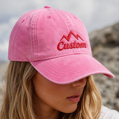 Custom Mountain Washed Cap, Red Embroidered Adventure Hat - Washed Cap - detail view