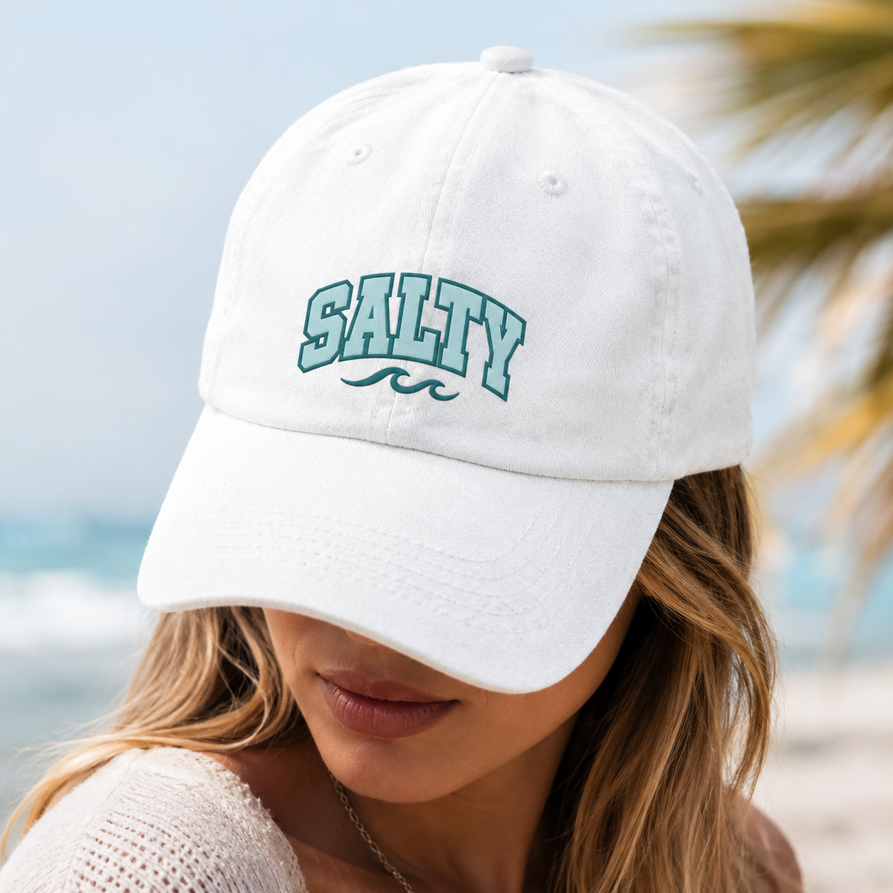 Salty Washed Cap, Embroidered Wave Beach Hat for Coastal Style - Washed Cap - lifestyle view 3