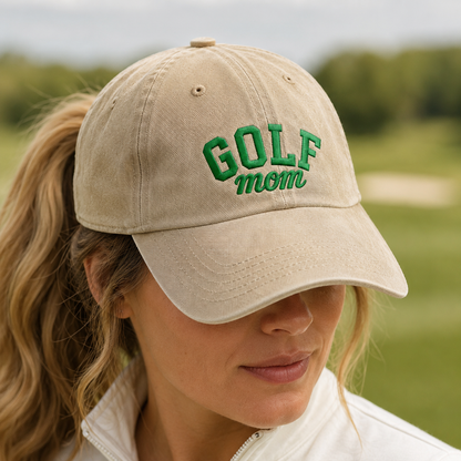 Golf Mom Washed Cap, Green Embroidered Golf Mama Hat for Mother's Day - Washed Cap - lifestyle view 3