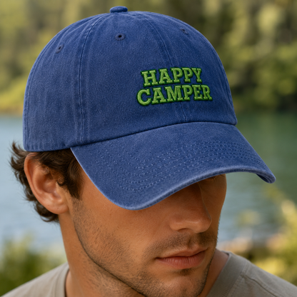 Happy Camper Washed Cap, Green Embroidered Camping Hat for Outdoor Lovers - Washed Cap - lifestyle view 8