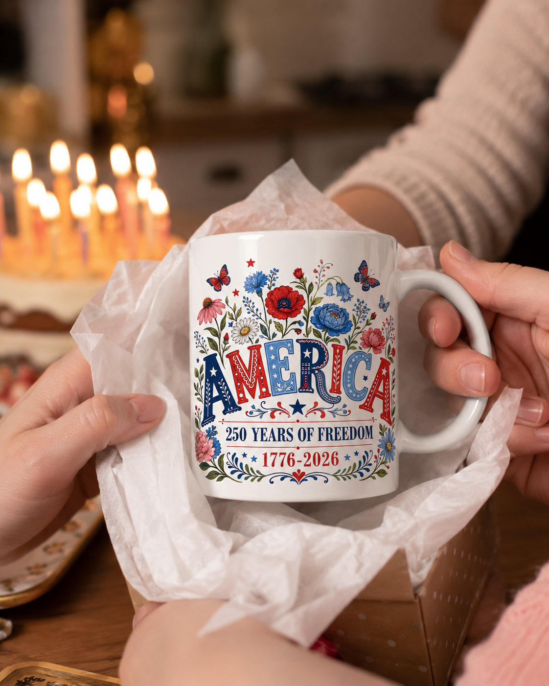America 250 Years of Freedom Coffee Mug, 1776-2026 Patriotic Floral Gift - Mug - detail view