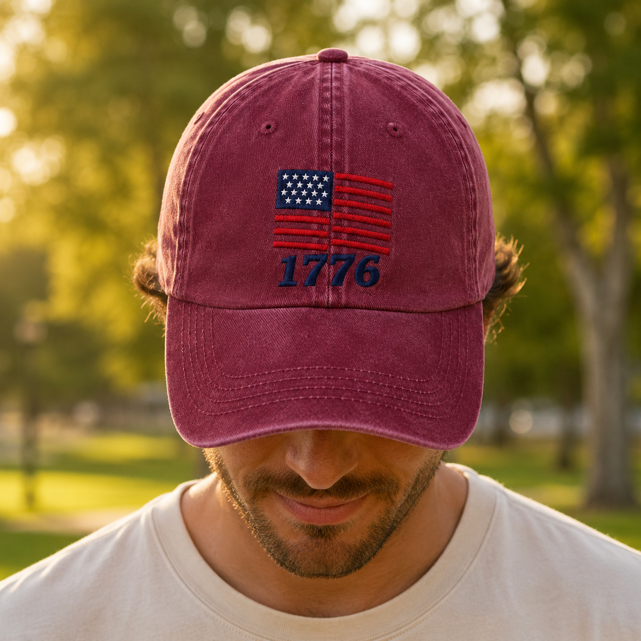 American Flag 1776 Washed Cap, Patriotic Embroidered Dad Hat - washed cap - lifestyle view 7