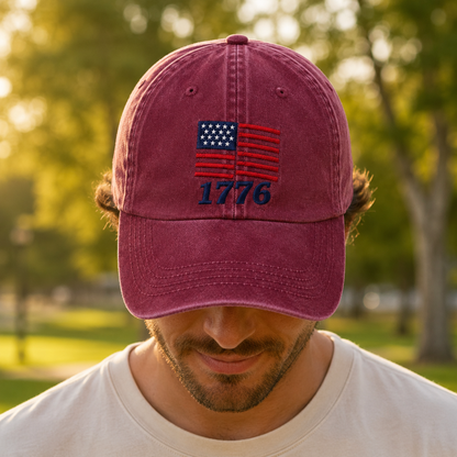 American Flag 1776 Washed Cap, Patriotic Embroidered Dad Hat - washed cap - lifestyle view 7