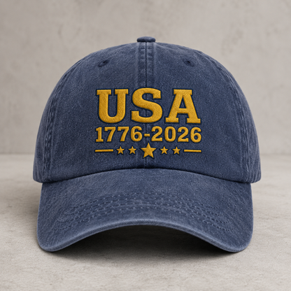 USA 1776-2026 Washed Cap, Patriotic 250th Anniversary Hat - washed cap - front view