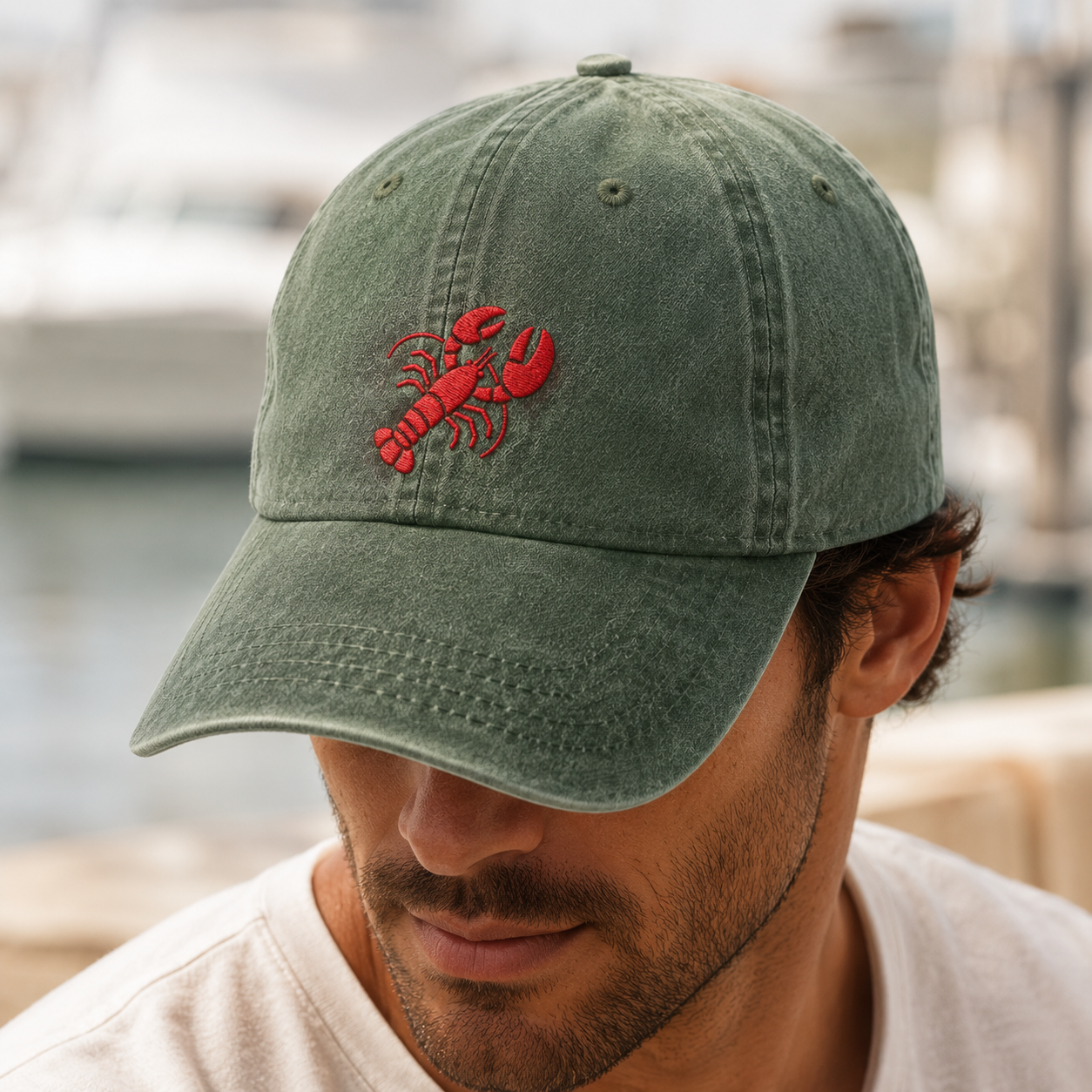 Red Lobster Embroidered Washed Cap, Coastal Seafood Lover Hat - Washed Cap - lifestyle view 3
