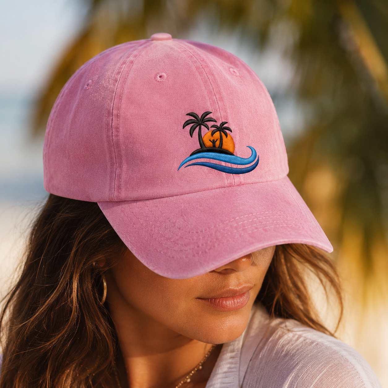 Island Sunset Embroidered Washed Cap, Ocean Wave Palm Tree Beach Hat - Washed Cap - lifestyle view 4