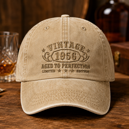 Vintage 1956 Aged To Perfection Washed Cap, Limited Edition Birthday Gift - Washed Cap - front view