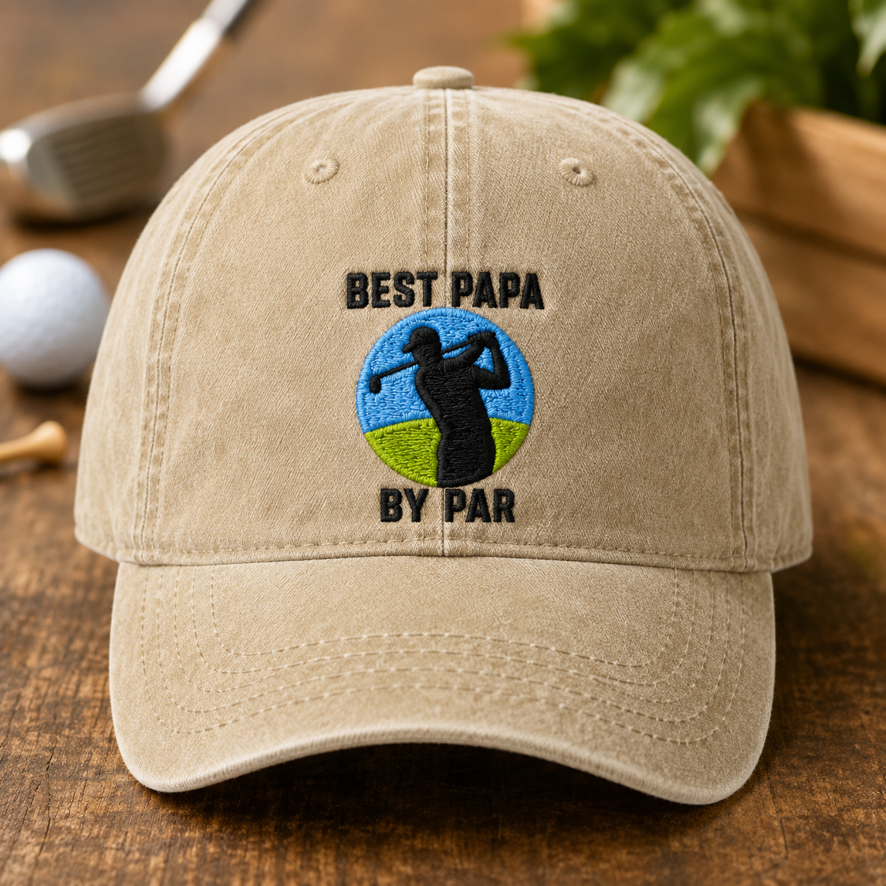 Golf Papa Washed Cap, Fathers Day Golfer Hat with Best Papa By Par Embroidery - Washed Cap - front view
