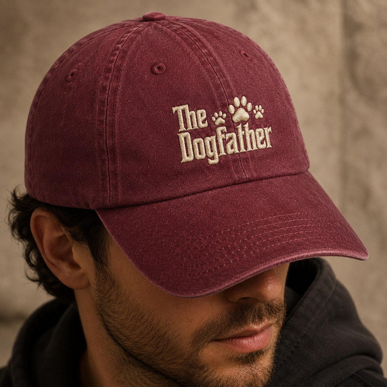 The Dogfather Washed Cap, Funny Dog Dad Hat with Paw Print Embroidery - Washed Cap - lifestyle view 4