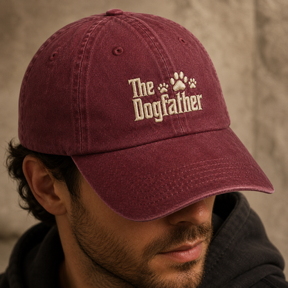 The Dogfather Washed Cap, Funny Dog Dad Hat with Paw Print Embroidery - Washed Cap - lifestyle view 4