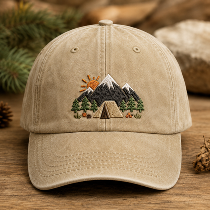 Mountain Camping Embroidered Washed Cap, Outdoor Adventure Hat - Washed Cap - front view
