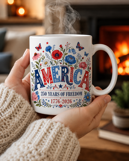 America 250 Years of Freedom Coffee Mug, 1776-2026 Patriotic Floral Gift - Mug - front view