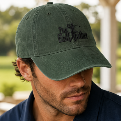 The Golf Father Washed Cap, Funny Golfer Dad Gift, Embroidered Hat for Course Days - Washed Cap - lifestyle view 4