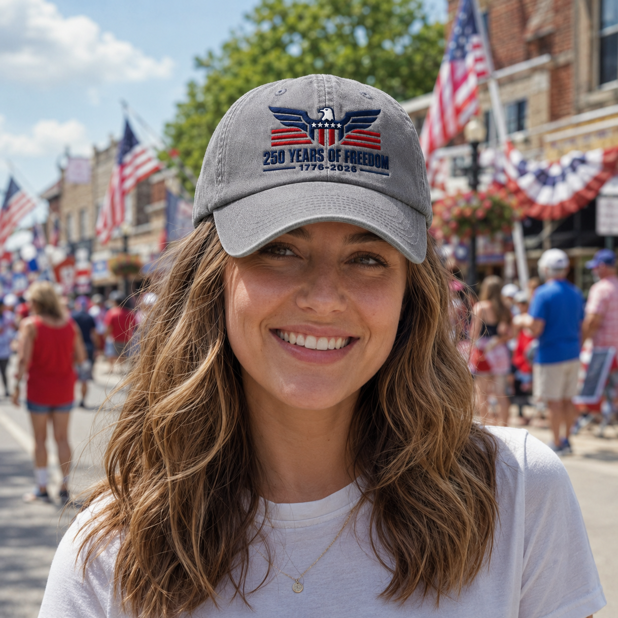 Woman at a street festival wearing a grey washed cotton baseball cap with white embroidered eagle and text