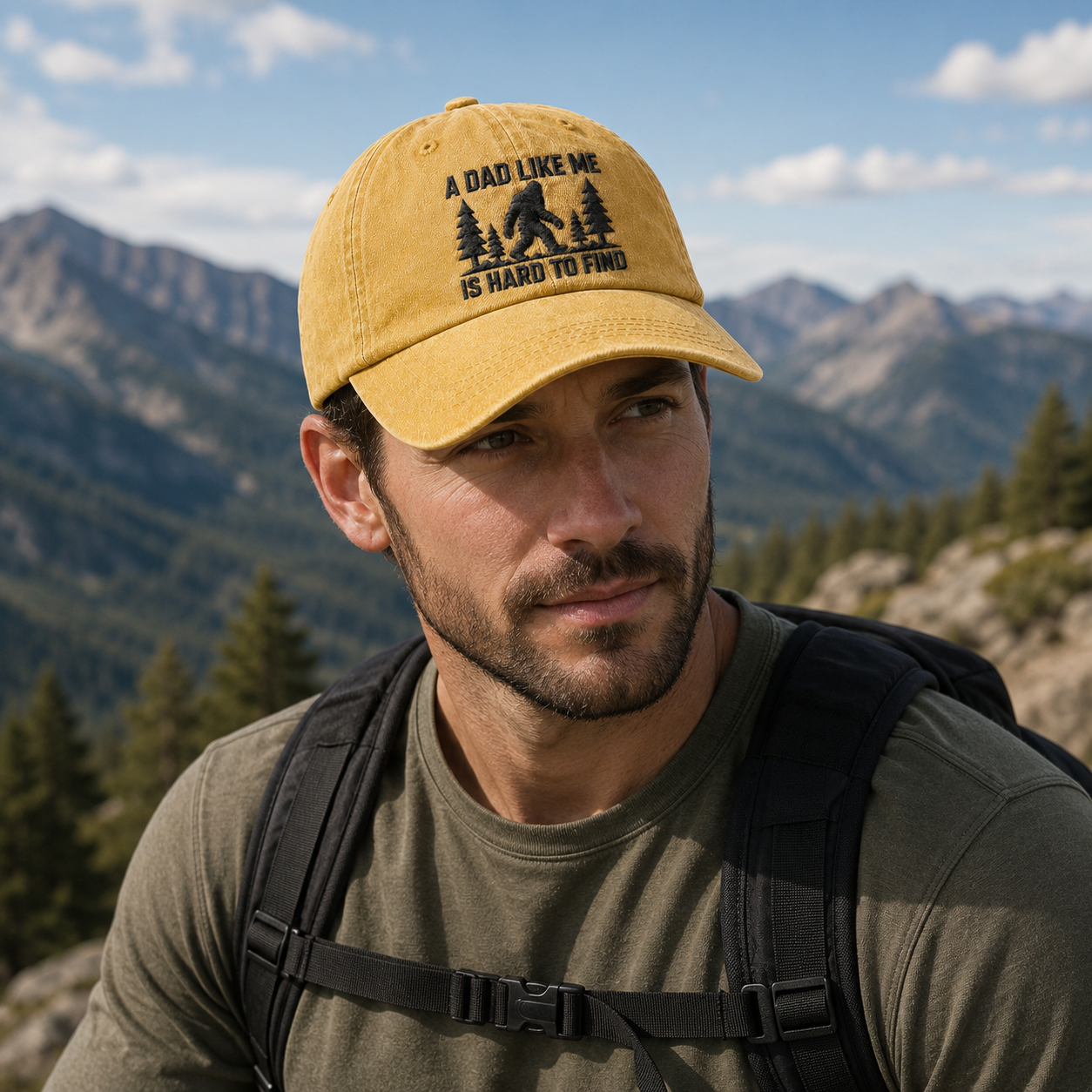Man hiking in the mountains wearing a yellow washed baseball cap with black embroidered bigfoot dad design