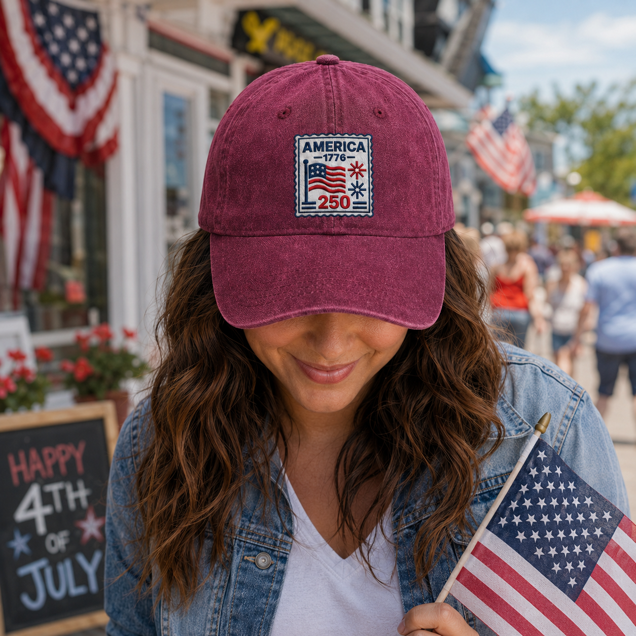 Woman holding a small US flag on a boardwalk wearing a maroon washed baseball cap with embroidered America 250 stamp