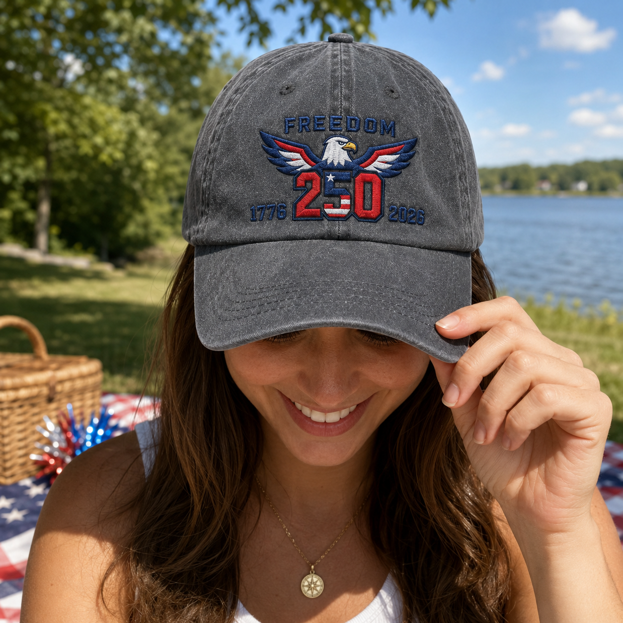 Woman looking down at a 4th of July picnic wearing a black washed baseball cap with embroidered patriotic freedom 250 eagle design
