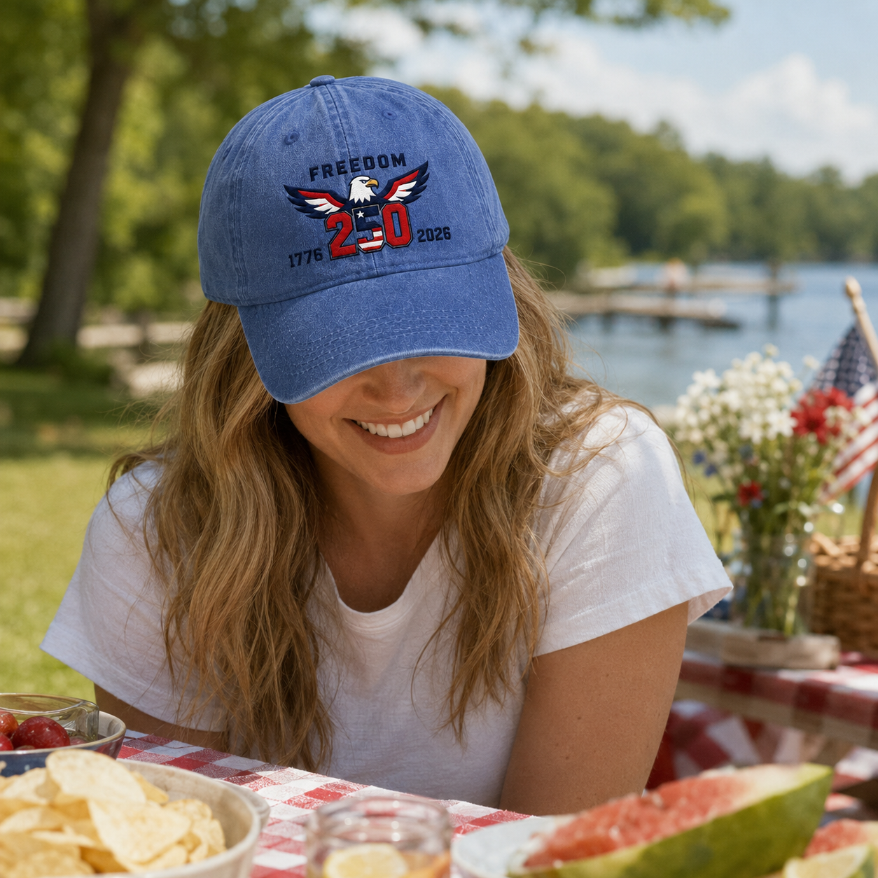 Woman smiling at a lakeside picnic wearing a blue washed baseball cap with embroidered patriotic freedom 250 eagle design