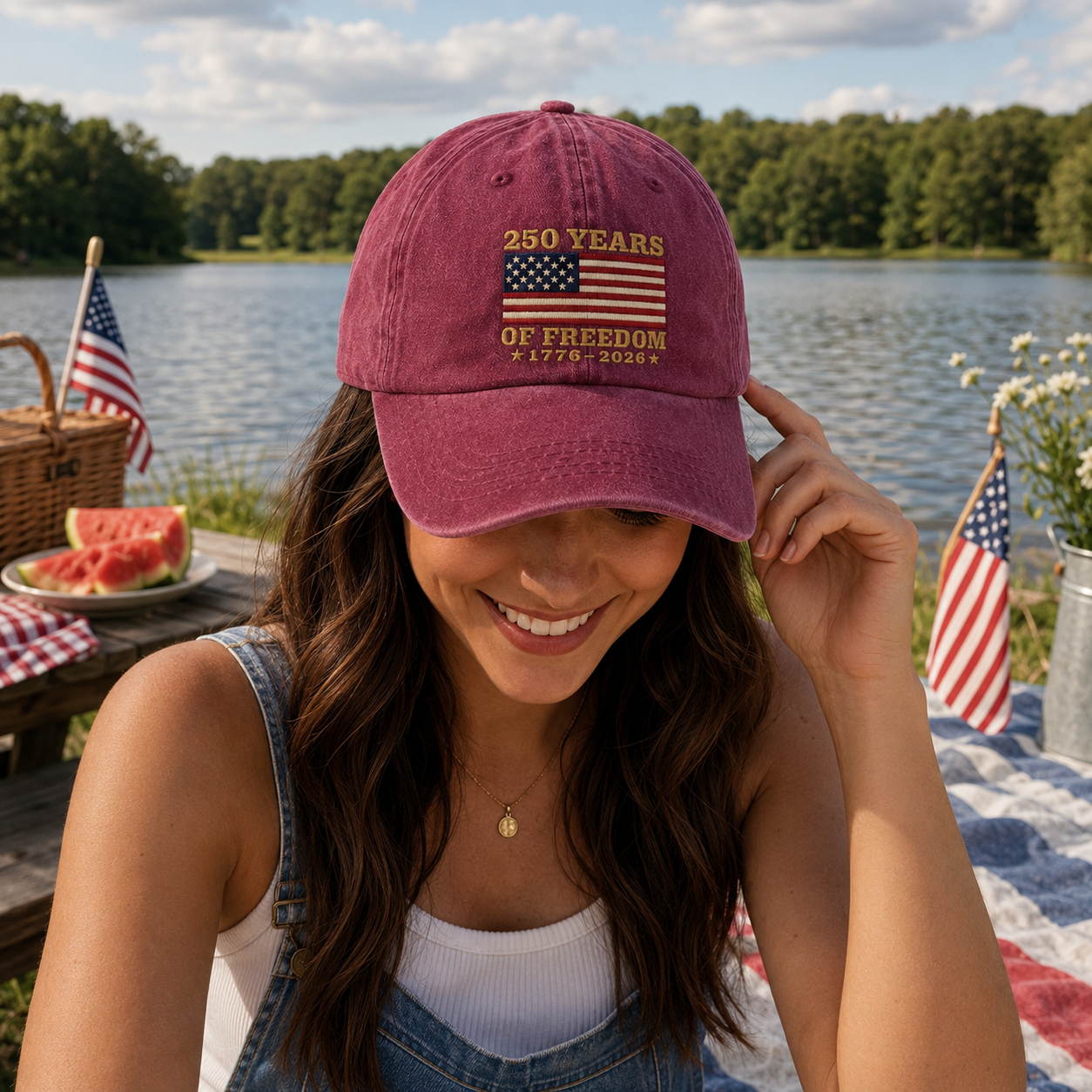 Woman smiling at a lakeside 4th of July picnic wearing a maroon washed baseball cap with embroidered US flag design