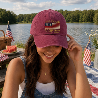 Woman smiling at a lakeside 4th of July picnic wearing a maroon washed baseball cap with embroidered US flag design