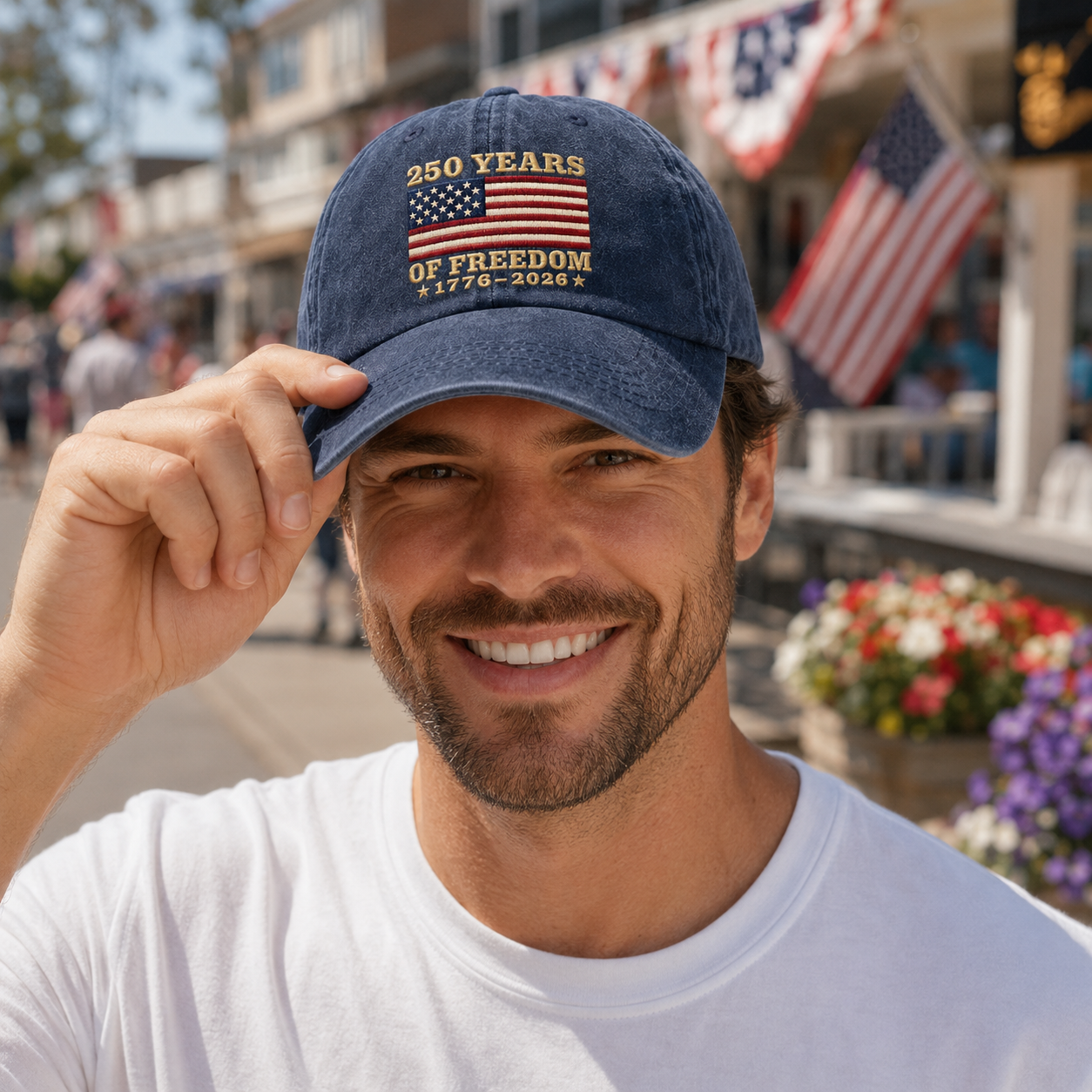 Man smiling on a boardwalk wearing a navy washed baseball cap with embroidered US flag design