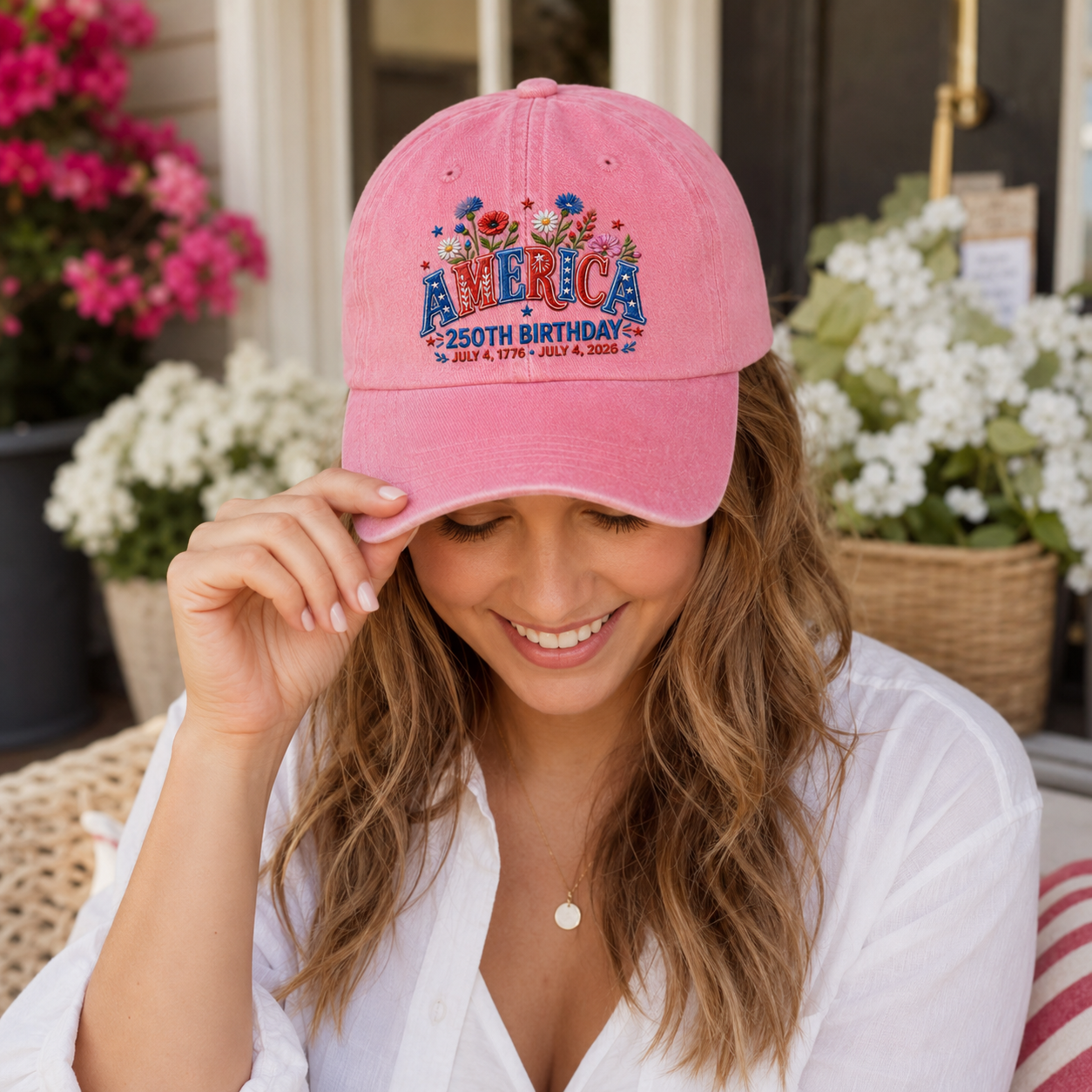 Woman smiling outdoors wearing a pink washed baseball cap with embroidered patriotic floral America design