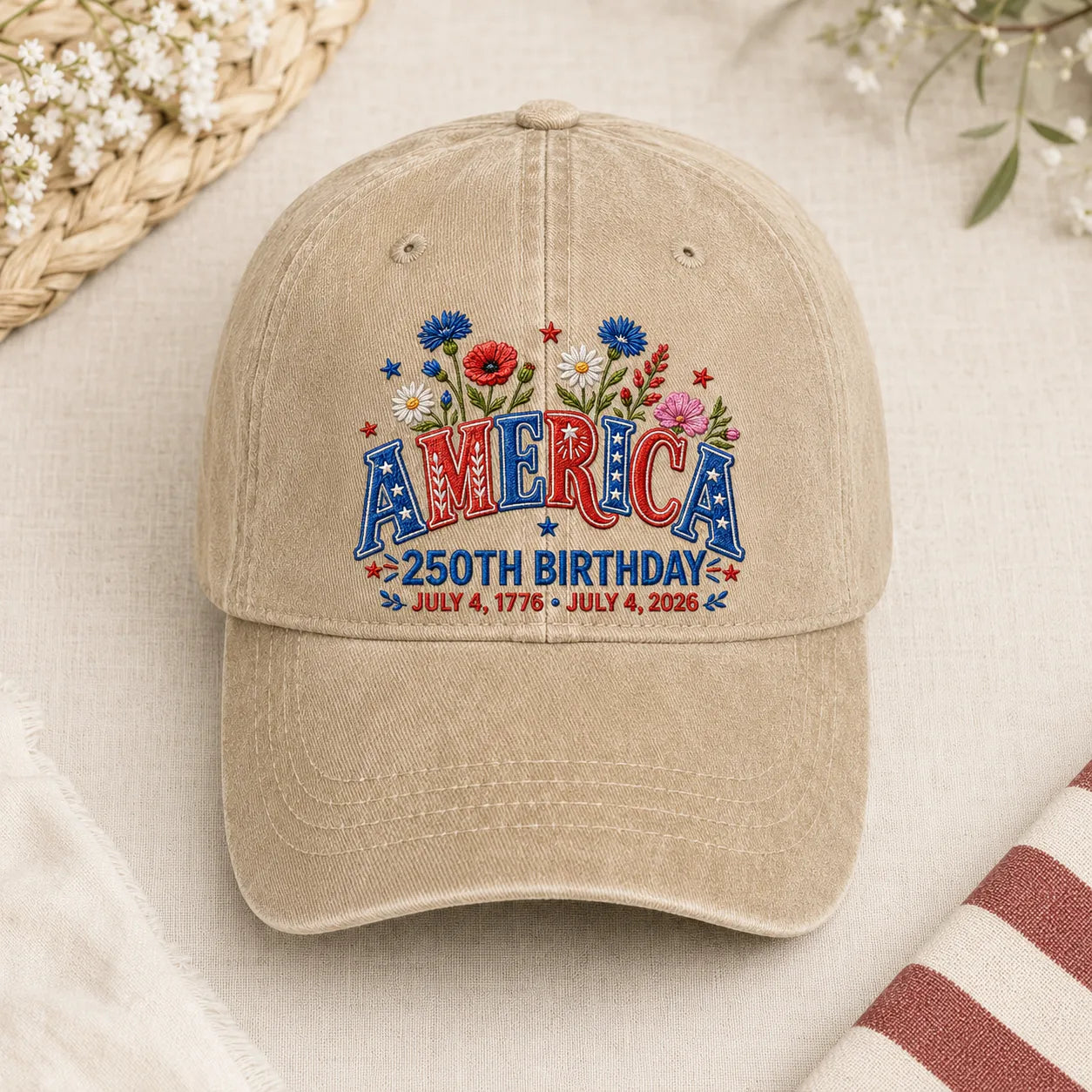 America 250th Birthday Patriotic Washed Cap - washed cap - detail