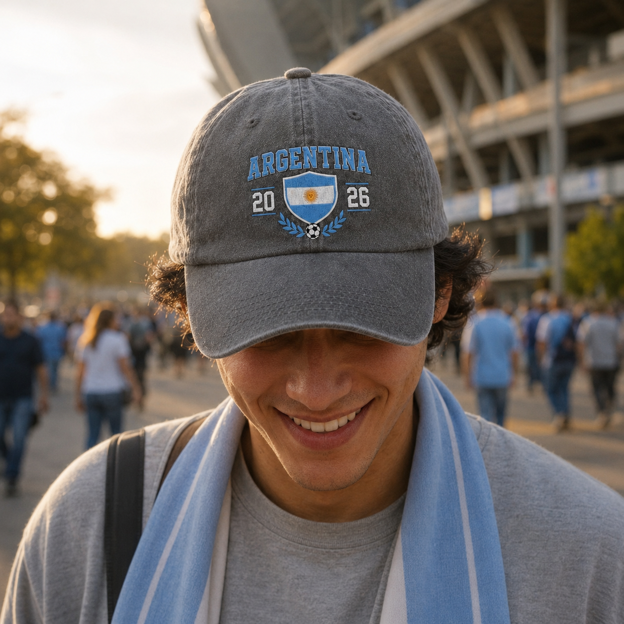 Man with a light blue scarf smiling outside a large stadium wearing a grey washed baseball cap with an embroidered Argentina 2026 soccer crest design